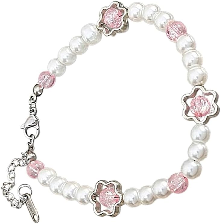 CAZSTYK Love Flower Beaded Bracelet Delicate Imitation Pearls Bracelet Hand Chain Charm Wrist Jewelry Adjustable Length